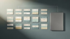 Uporządkowana biblioteka promptów SEO przedstawiona jako modularna siatka kart i szablonów